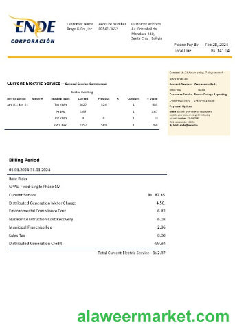 Bolivia ENDE Corporacion electricity business utility bill template in Word and PDF format